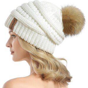 Women White 2 Soft Acrylic Thick Baggy Knit Winter Faux Fur Pompom Beanie